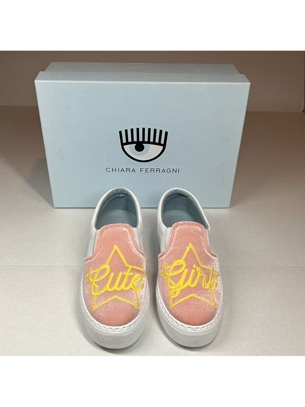 Chiara Ferragni Velvet Leather Slide On Shoes Sneakers Print “Cute Girl” Size 7